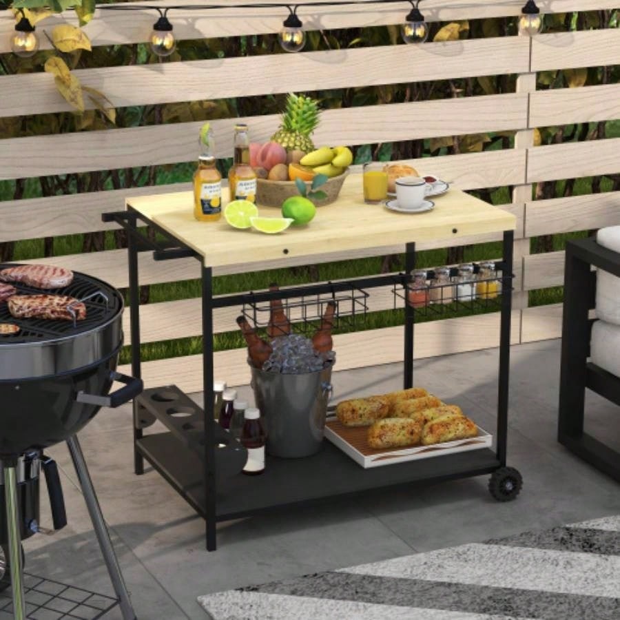 Outsunny Outdoor Bar Cart, Patio Rolling Serving Cart with Wheels, Side Handle, 2 Baskets, 4 Wine Holders Garden, Dining Room, Natural