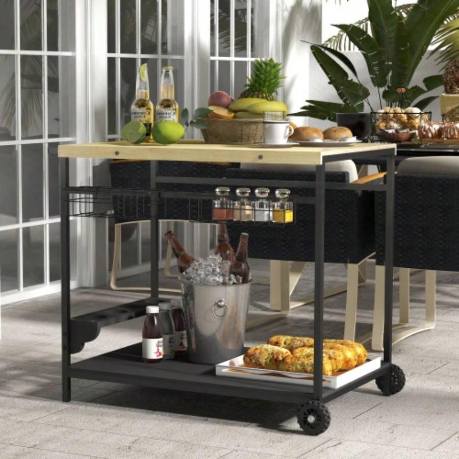 Outsunny Outdoor Bar Cart, Patio Rolling Serving Cart with Wheels, Side Handle, 2 Baskets, 4 Wine Holders Garden, Dining Room, Natural