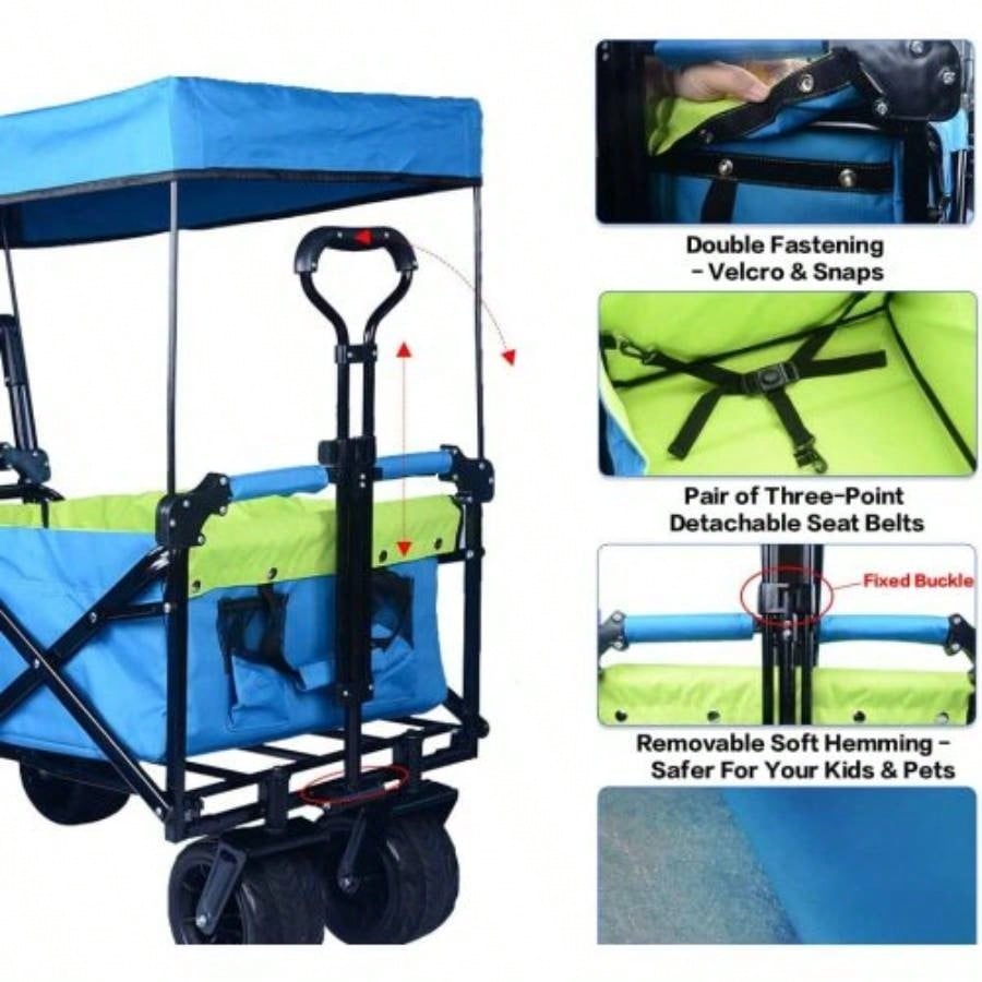 Collapsible Wagon 140L Wagons Carts Foldable with Removable Canopy, Folding Wagon Cart with Wheels All - Terrain with Brake, Foldable Wagon with Cooler Bag, Camping Beach Shopping