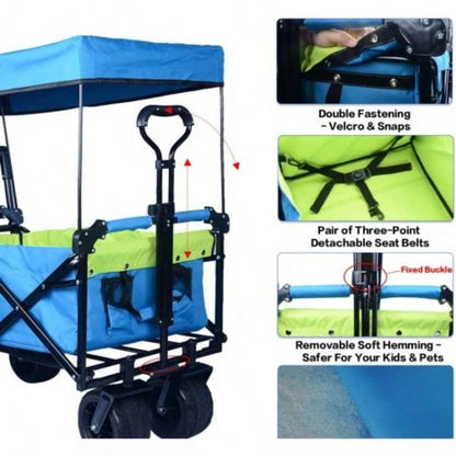 Collapsible Wagon 140L Wagons Carts Foldable with Removable Canopy, Folding Wagon Cart with Wheels All - Terrain with Brake, Foldable Wagon with Cooler Bag, Camping Beach Shopping