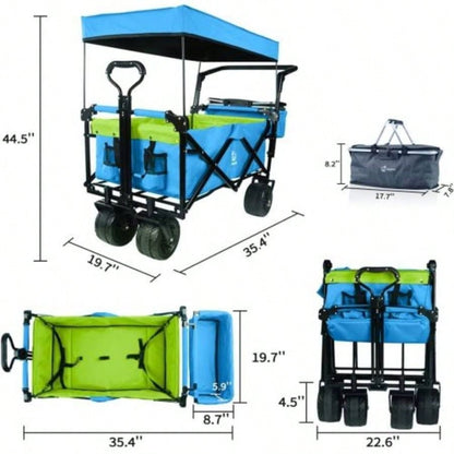 Collapsible Wagon 140L Wagons Carts Foldable with Removable Canopy, Folding Wagon Cart with Wheels All - Terrain with Brake, Foldable Wagon with Cooler Bag, Camping Beach Shopping