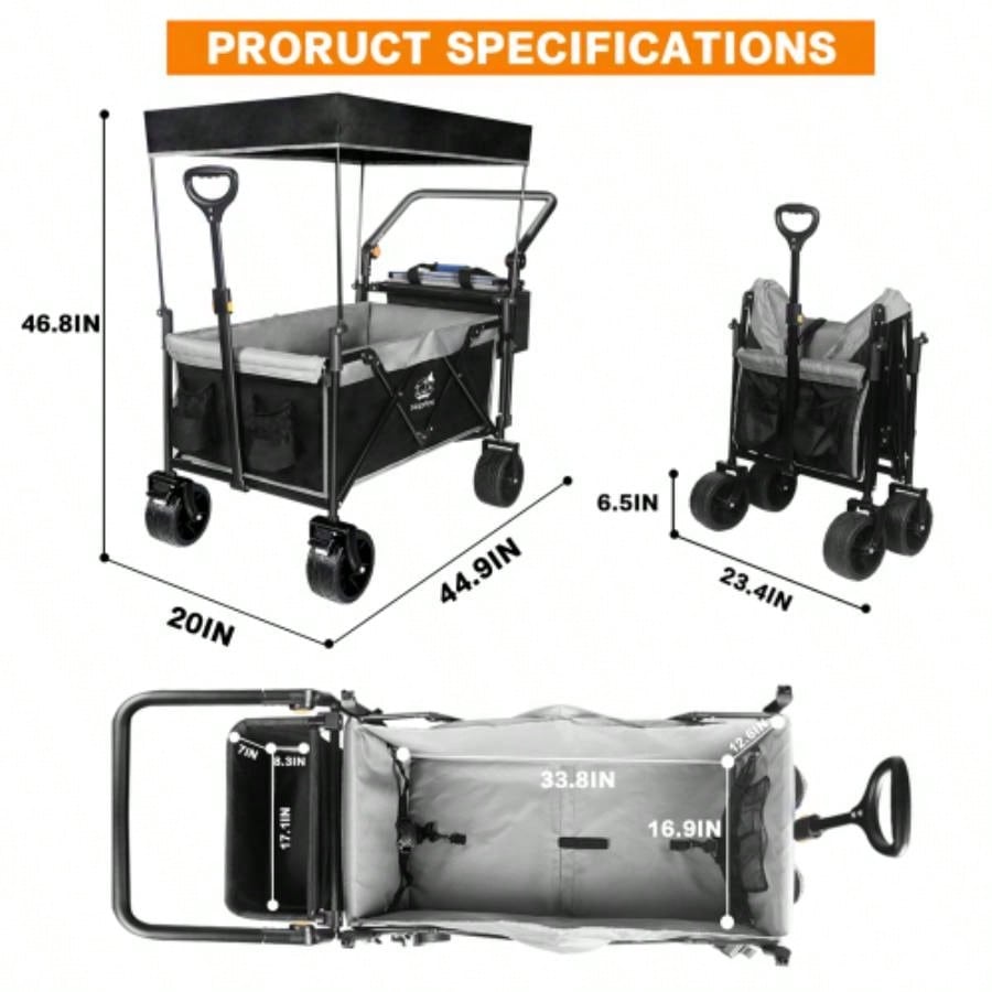 Collapsible Wagon 140L Wagons Carts Foldable with Removable Canopy, Folding Wagon Cart with Wheels All - Terrain with Brake, Foldable Wagon with Cooler Bag, Camping Beach Shopping