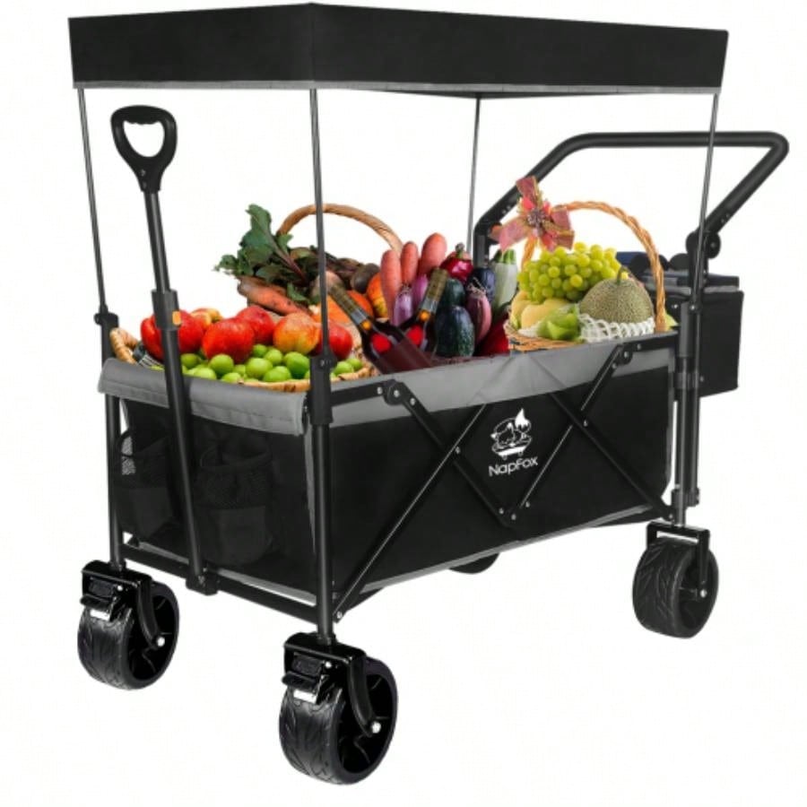 Collapsible Wagon 140L Wagons Carts Foldable with Removable Canopy, Folding Wagon Cart with Wheels All - Terrain with Brake, Foldable Wagon with Cooler Bag, Camping Beach Shopping