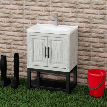 24 Bathroom Vanity with White Ceramic Sink Hot and Cold Faucet, Freestanding Bathroom Cabinet with 2 Storage Doors and Open iron Shelf Bathroom