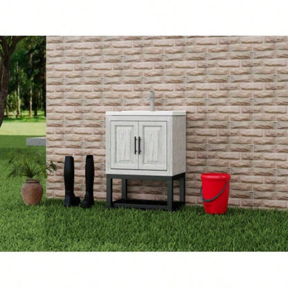 24 Bathroom Vanity with White Ceramic Sink Hot and Cold Faucet, Freestanding Bathroom Cabinet with 2 Storage Doors and Open iron Shelf Bathroom