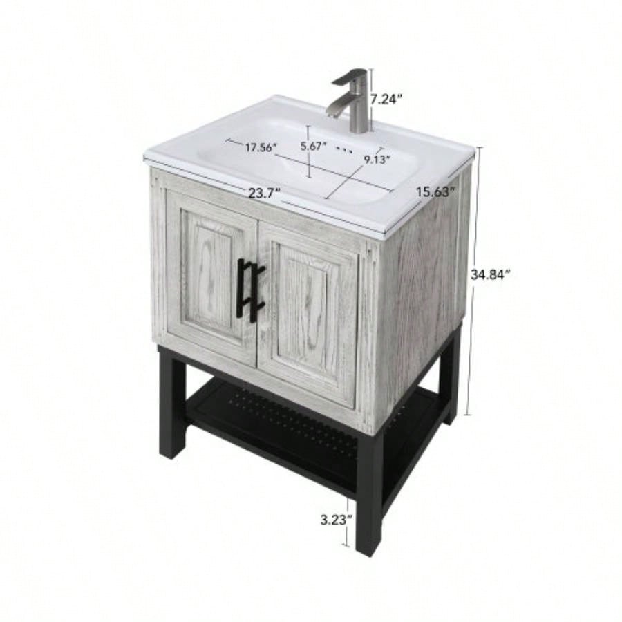 24 Bathroom Vanity with White Ceramic Sink Hot and Cold Faucet, Freestanding Bathroom Cabinet with 2 Storage Doors and Open iron Shelf Bathroom