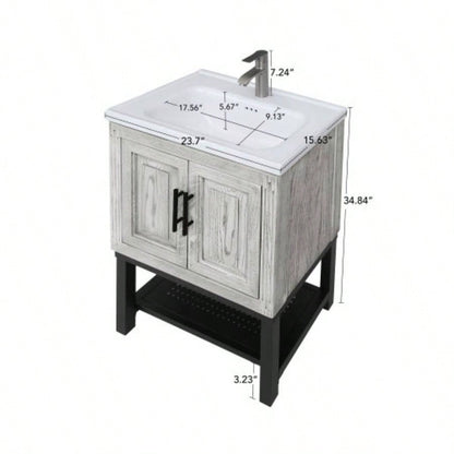 24 Bathroom Vanity with White Ceramic Sink Hot and Cold Faucet, Freestanding Bathroom Cabinet with 2 Storage Doors and Open iron Shelf Bathroom