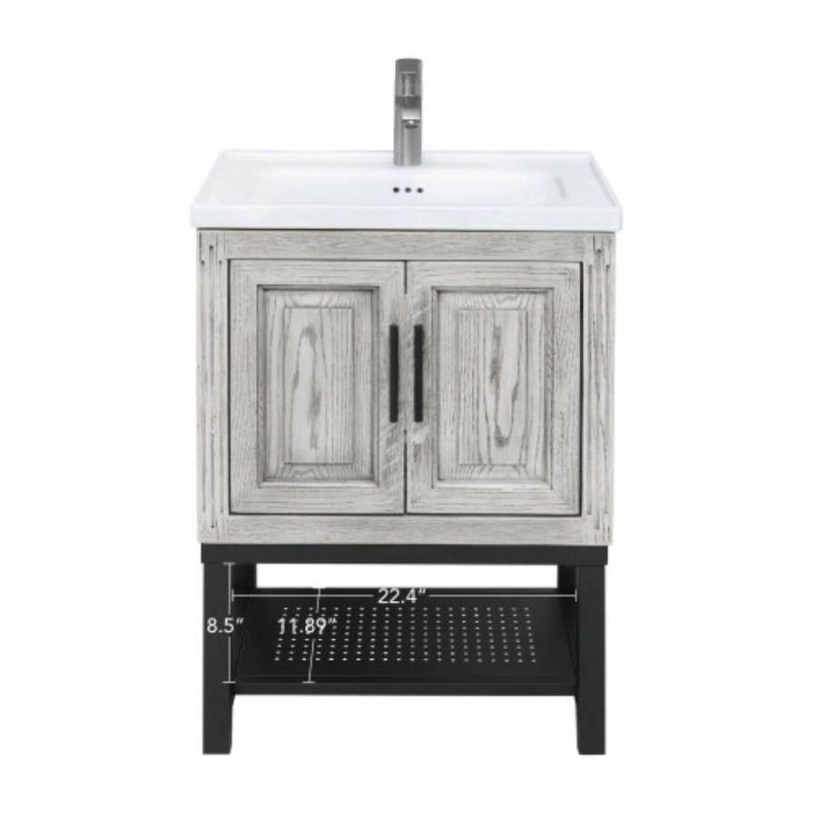 24 Bathroom Vanity with White Ceramic Sink Hot and Cold Faucet, Freestanding Bathroom Cabinet with 2 Storage Doors and Open iron Shelf Bathroom
