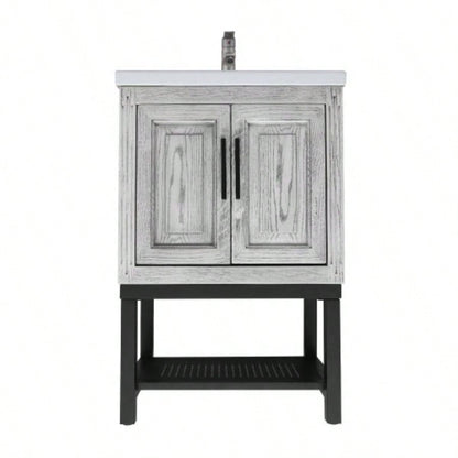 24 Bathroom Vanity with White Ceramic Sink Hot and Cold Faucet, Freestanding Bathroom Cabinet with 2 Storage Doors and Open iron Shelf Bathroom