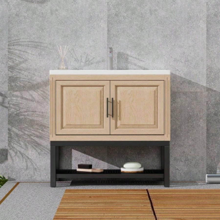 24 Bathroom Vanity with White Ceramic Sink Hot and Cold Faucet, Freestanding Bathroom Cabinet with 2 Storage Doors and Open iron Shelf Bathroom