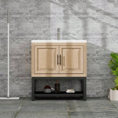 24 Bathroom Vanity with White Ceramic Sink Hot and Cold Faucet, Freestanding Bathroom Cabinet with 2 Storage Doors and Open iron Shelf Bathroom