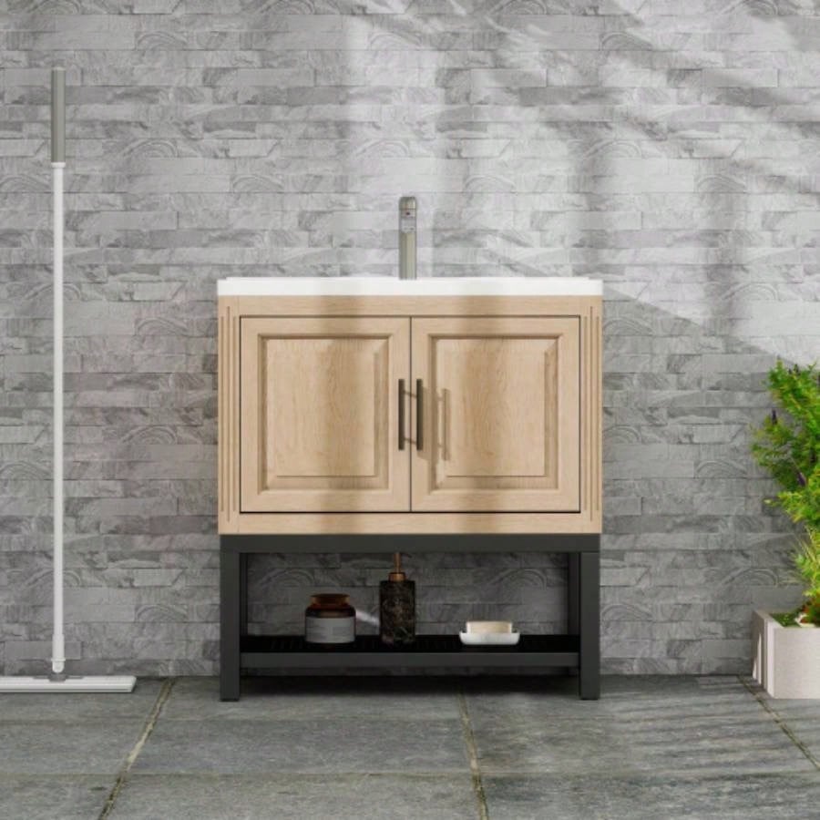 24 Bathroom Vanity with White Ceramic Sink Hot and Cold Faucet, Freestanding Bathroom Cabinet with 2 Storage Doors and Open iron Shelf Bathroom