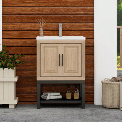 24 Bathroom Vanity with White Ceramic Sink Hot and Cold Faucet, Freestanding Bathroom Cabinet with 2 Storage Doors and Open iron Shelf Bathroom