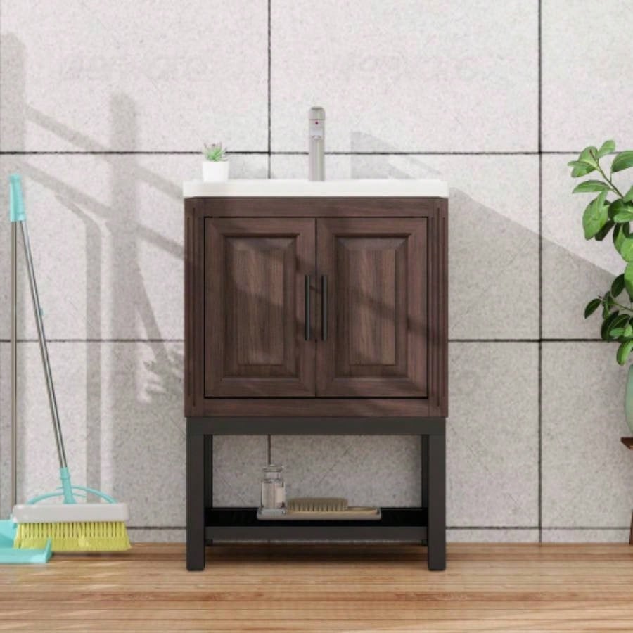 24 Bathroom Vanity with White Ceramic Sink Hot and Cold Faucet, Freestanding Bathroom Cabinet with 2 Storage Doors and Open iron Shelf Bathroom