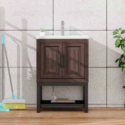 24 Bathroom Vanity with White Ceramic Sink Hot and Cold Faucet, Freestanding Bathroom Cabinet with 2 Storage Doors and Open iron Shelf Bathroom