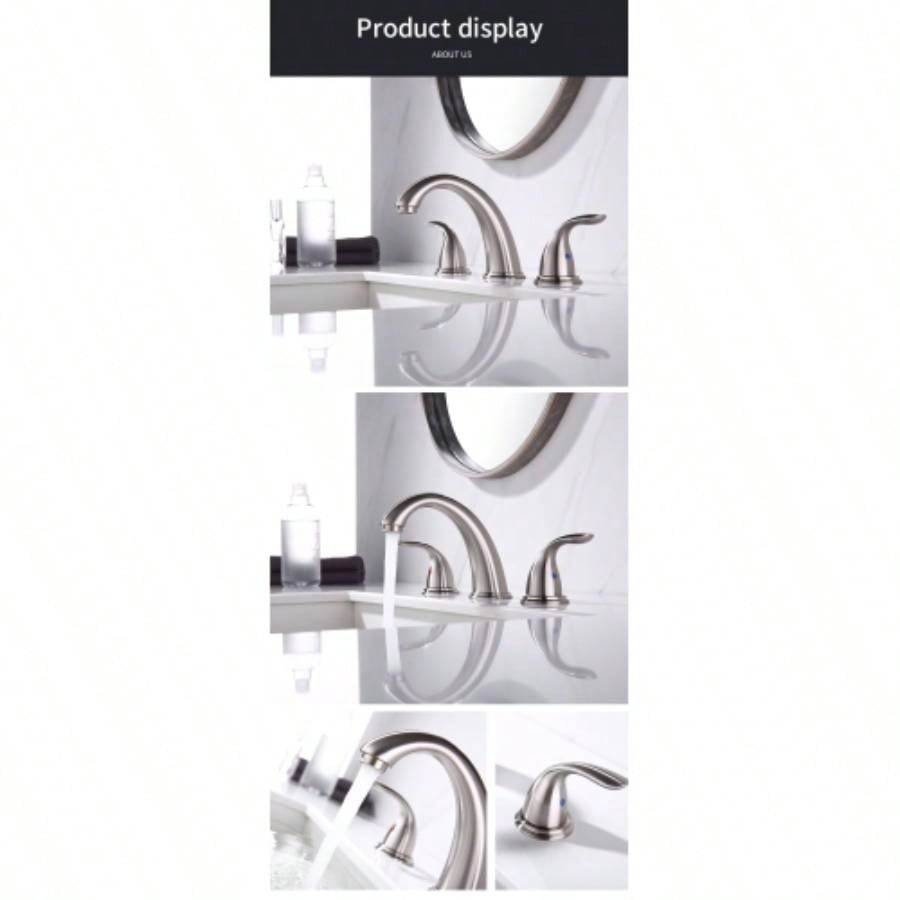Brushed Nickel Widespread Bathroom Faucet, Waterfall Bathroom Faucets Sink 3 Hole, 2 - Handles Modern Vanity Faucet with Up Drain Assembly and Lead - Supply Hose, 8 - Inch