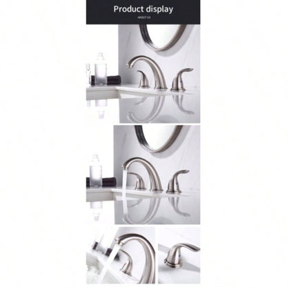 Brushed Nickel Widespread Bathroom Faucet, Waterfall Bathroom Faucets Sink 3 Hole, 2 - Handles Modern Vanity Faucet with Up Drain Assembly and Lead - Supply Hose, 8 - Inch