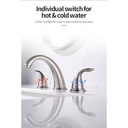 Brushed Nickel Widespread Bathroom Faucet, Waterfall Bathroom Faucets Sink 3 Hole, 2 - Handles Modern Vanity Faucet with Up Drain Assembly and Lead - Supply Hose, 8 - Inch
