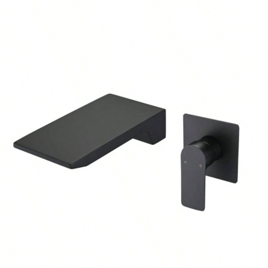 Matte Balck Wall Mount Bathroom Sink Faucet, Single Handle Bathtub Faucet with Waterfall Spout Brass Rough - in Included