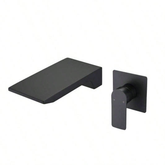 Matte Balck Wall Mount Bathroom Sink Faucet, Single Handle Bathtub Faucet with Waterfall Spout Brass Rough - in Included
