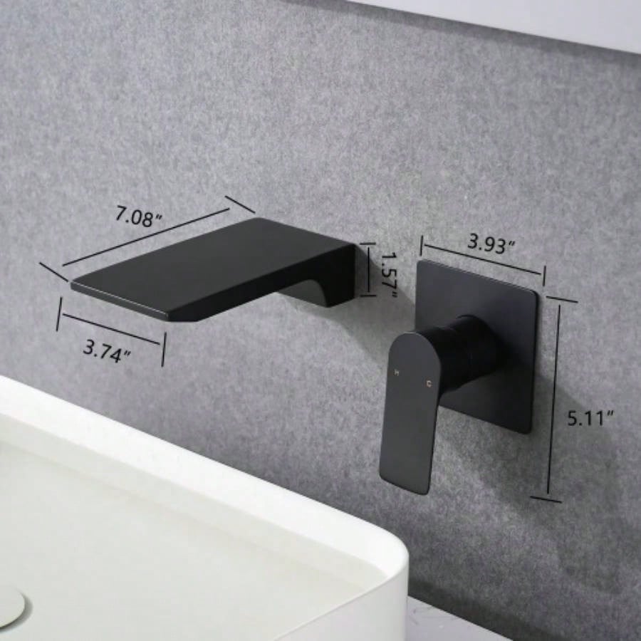Matte Balck Wall Mount Bathroom Sink Faucet, Single Handle Bathtub Faucet with Waterfall Spout Brass Rough - in Included