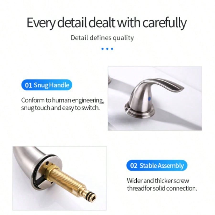 Brushed Nickel Widespread Bathroom Faucet, Waterfall Bathroom Faucets Sink 3 Hole, 2 - Handles Modern Vanity Faucet with Up Drain Assembly and Lead - Supply Hose, 8 - Inch