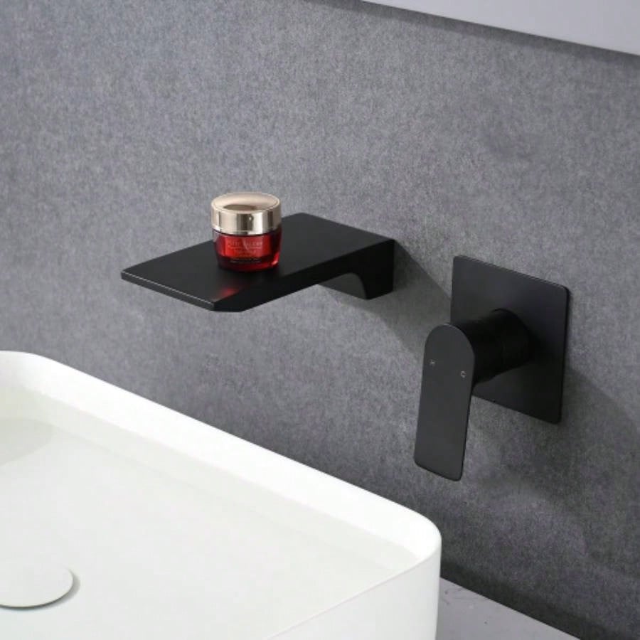 Matte Balck Wall Mount Bathroom Sink Faucet, Single Handle Bathtub Faucet with Waterfall Spout Brass Rough - in Included