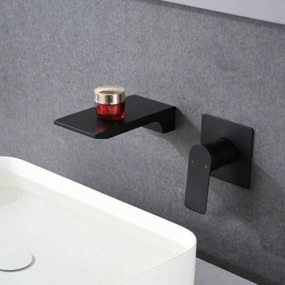 Matte Balck Wall Mount Bathroom Sink Faucet, Single Handle Bathtub Faucet with Waterfall Spout Brass Rough - in Included