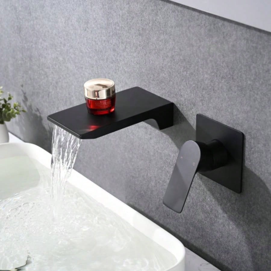 Matte Balck Wall Mount Bathroom Sink Faucet, Single Handle Bathtub Faucet with Waterfall Spout Brass Rough - in Included
