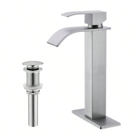 Waterfall Spout Bathroom Sink Single Handle Faucet with - Up Drain No Overflow