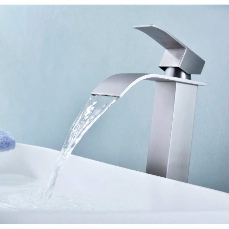 Waterfall Spout Bathroom Sink Single Handle Faucet with - Up Drain No Overflow