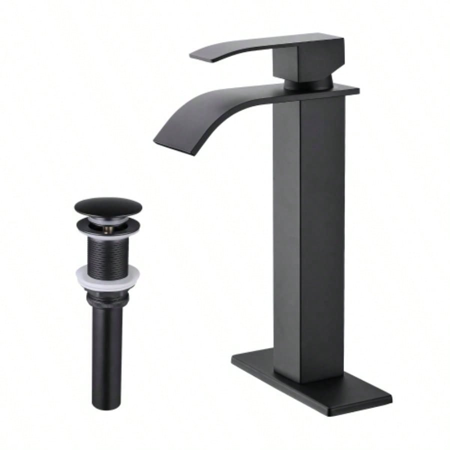 Waterfall Spout Bathroom Sink Single Handle Faucet with - Up Drain No Overflow