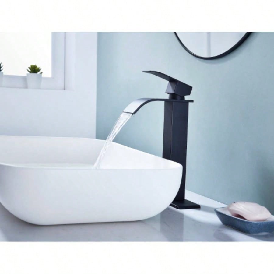 Waterfall Spout Bathroom Sink Single Handle Faucet with - Up Drain No Overflow