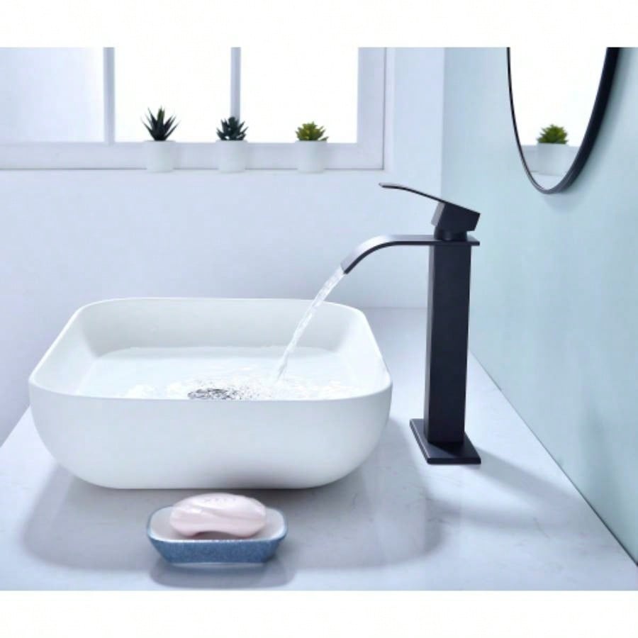 Waterfall Spout Bathroom Sink Single Handle Faucet with - Up Drain No Overflow