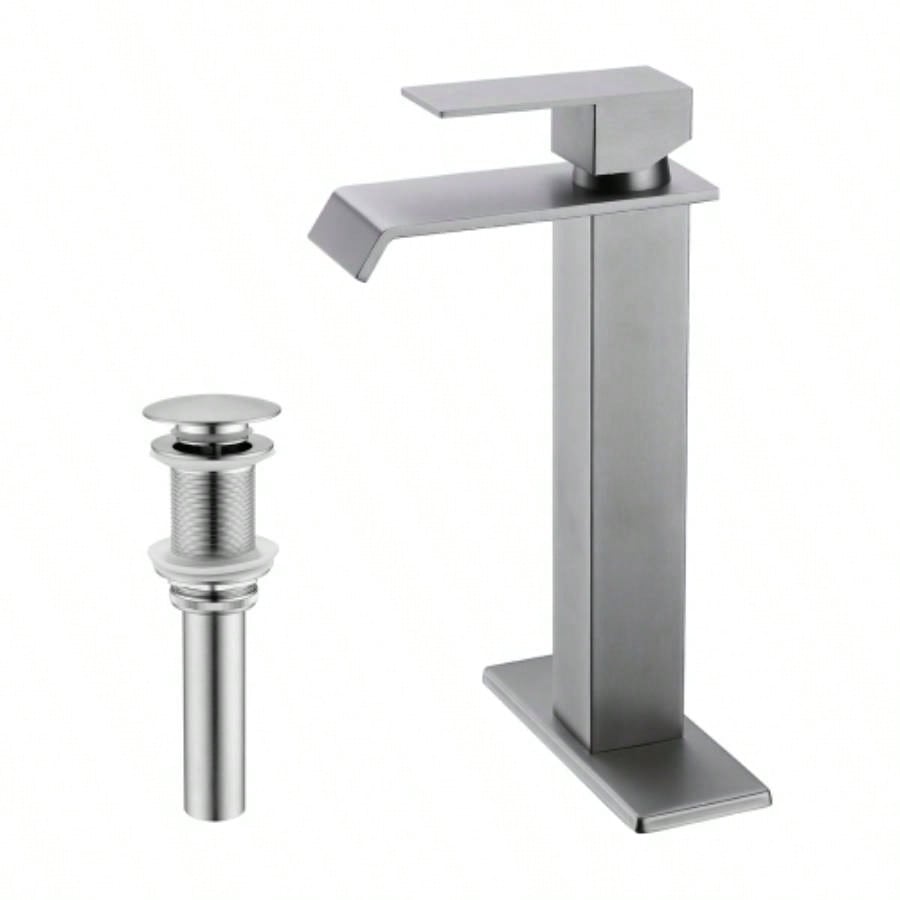 Waterfall Spout Bathroom Sink Single Handle Faucet with - Up Drain No Overflow