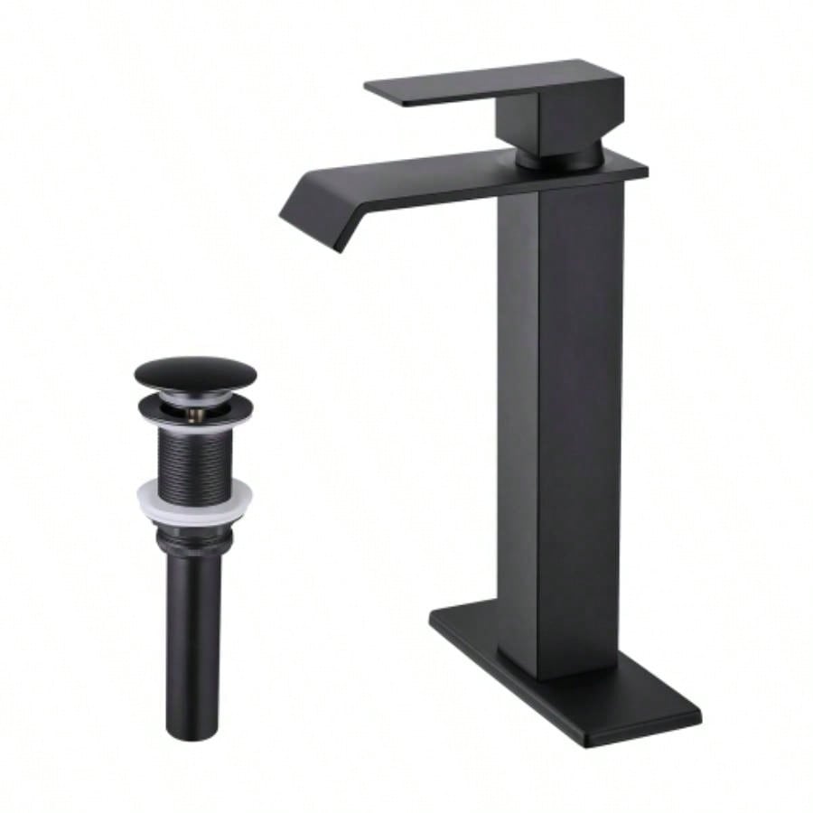 Waterfall Spout Bathroom Sink Single Handle Faucet with - Up Drain No Overflow