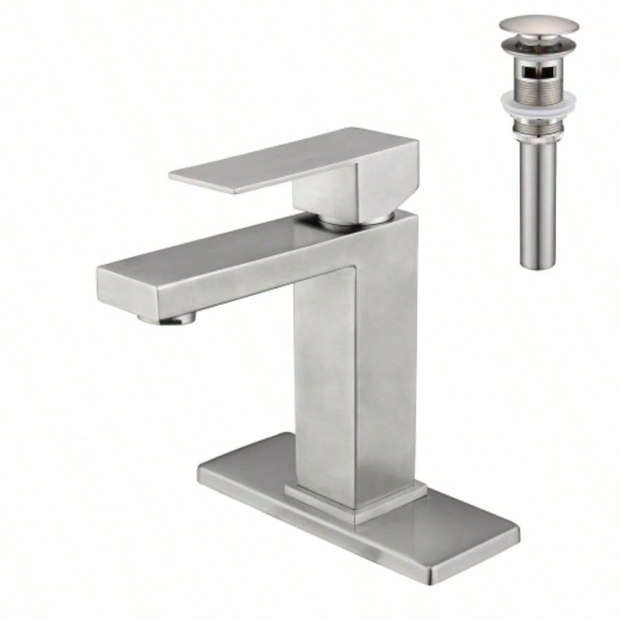 Waterfall Spout Bathroom Sink Single Handle Faucet with - Up Drain No Overflow