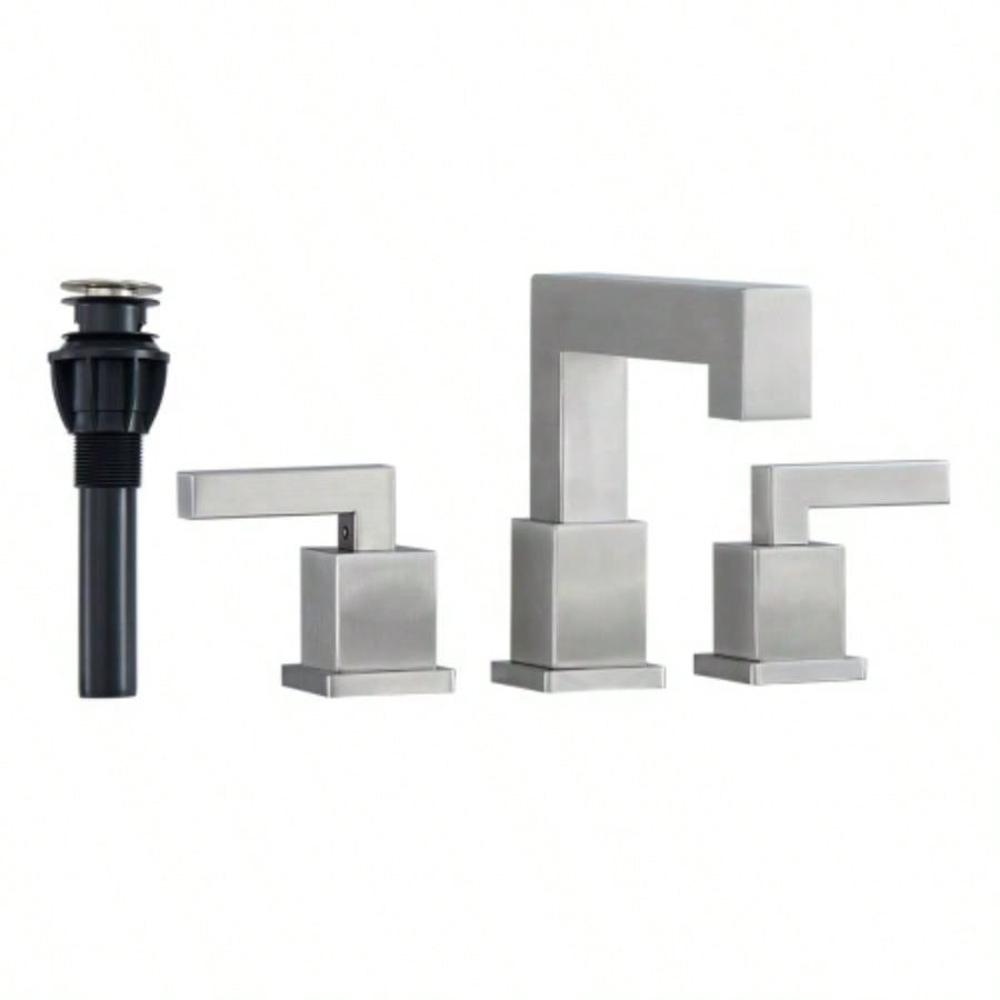 Brushed Nickel Widespread Bathroom Faucet, Waterfall Bathroom Faucets Sink 3 Hole, 2 - Handles Modern Vanity Faucet with Up Drain Assembly and Lead - Supply Hose, 8 - Inch