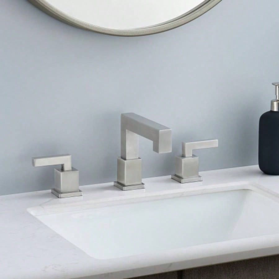 Brushed Nickel Widespread Bathroom Faucet, Waterfall Bathroom Faucets Sink 3 Hole, 2 - Handles Modern Vanity Faucet with Up Drain Assembly and Lead - Supply Hose, 8 - Inch