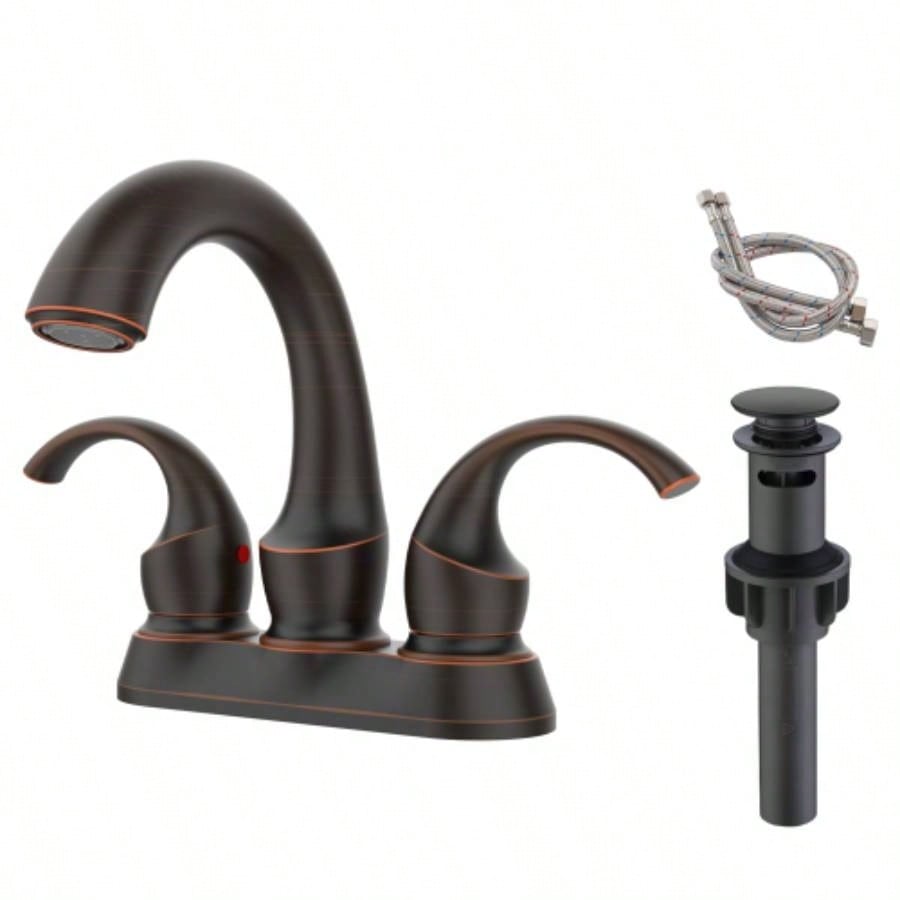 Bathroom Faucet 2 - Handle Oil Rubbed Bronze with Aerator, Swan Style 4 - inch Centerset Vanity Sink with - Up Drain and Supply Hoses, FR4075 - ORB