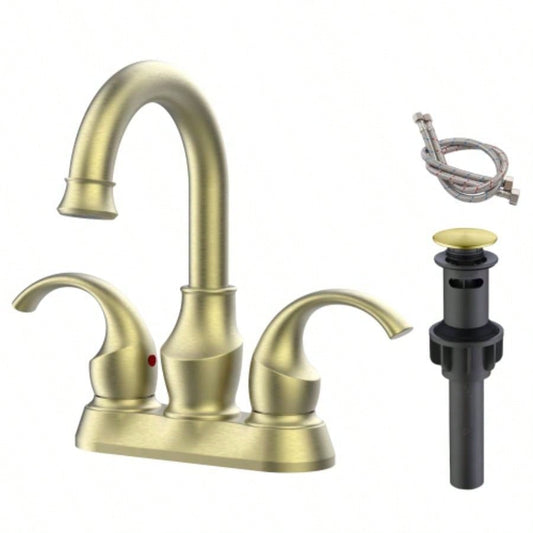 Bathroom Faucet 2 - Handle Brushed Gold with 360 Degree Rotating Spout, Crescent Moon Style 4 - inch Centerset Vanity Sink with - Up Drain and Supply Hoses, FR4090 - BG