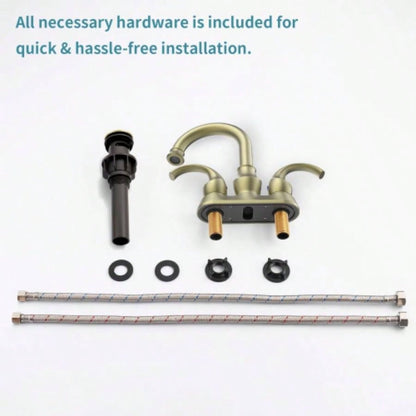 Bathroom Faucet 2 - Handle Brushed Gold with 360 Degree Rotating Spout, Crescent Moon Style 4 - inch Centerset Vanity Sink with - Up Drain and Supply Hoses, FR4090 - BG