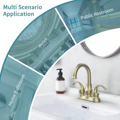 Bathroom Faucet 2 - Handle Brushed Gold with 360 Degree Rotating Spout, Crescent Moon Style 4 - inch Centerset Vanity Sink with - Up Drain and Supply Hoses, FR4090 - BG