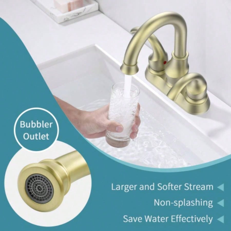 Bathroom Faucet 2 - Handle Brushed Gold with 360 Degree Rotating Spout, Crescent Moon Style 4 - inch Centerset Vanity Sink with - Up Drain and Supply Hoses, FR4090 - BG