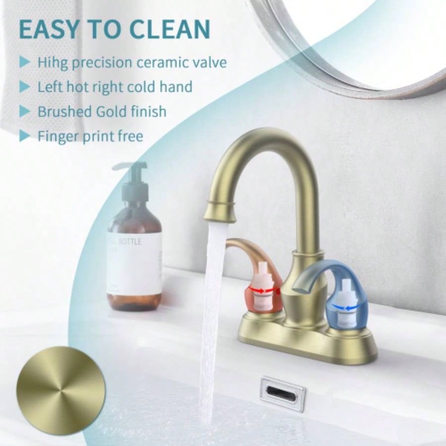 Bathroom Faucet 2 - Handle Brushed Gold with 360 Degree Rotating Spout, Crescent Moon Style 4 - inch Centerset Vanity Sink with - Up Drain and Supply Hoses, FR4090 - BG