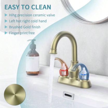 Bathroom Faucet 2 - Handle Brushed Gold with 360 Degree Rotating Spout, Crescent Moon Style 4 - inch Centerset Vanity Sink with - Up Drain and Supply Hoses, FR4090 - BG