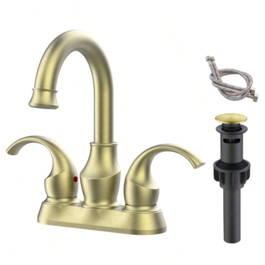 Bathroom Faucet 2 - Handle Brushed Gold with 360 Degree Rotating Spout, Crescent Moon Style 4 - inch Centerset Vanity Sink with - Up Drain and Supply Hoses, FR4090 - BG