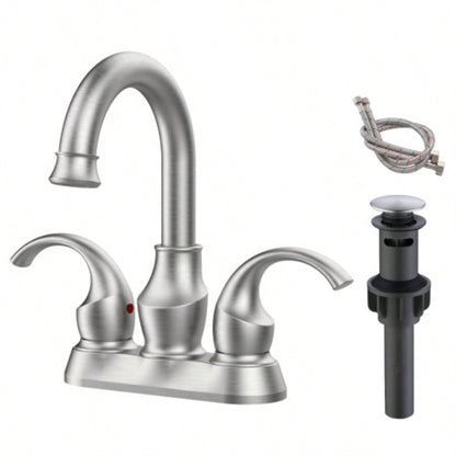 Bathroom Faucet 2 - Handle Brushed Gold with 360 Degree Rotating Spout, Crescent Moon Style 4 - inch Centerset Vanity Sink with - Up Drain and Supply Hoses, FR4090 - BG