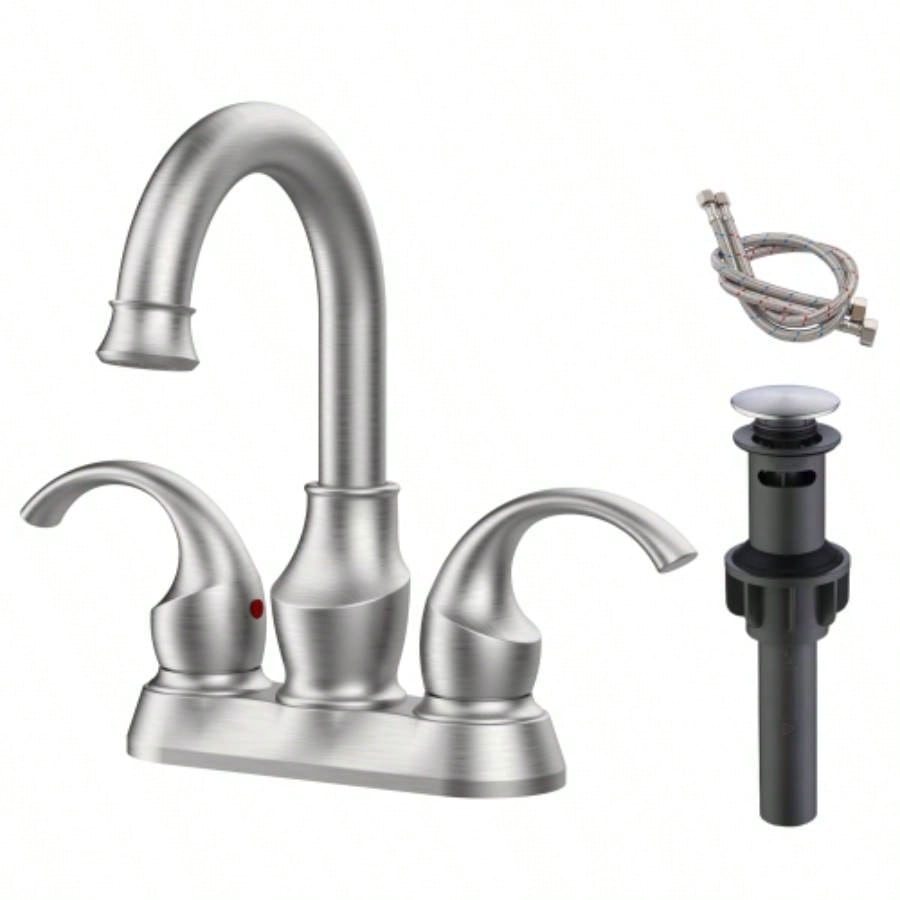 Bathroom Faucet 2 - Handle Brushed Gold with 360 Degree Rotating Spout, Crescent Moon Style 4 - inch Centerset Vanity Sink with - Up Drain and Supply Hoses, FR4090 - BG