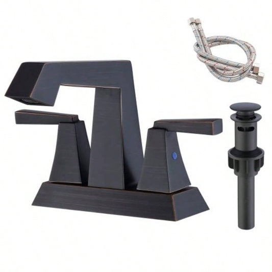 2 - Handle Bathroom Sink Faucet Oil Rubbed Bronze 4 Inches Centerset Vanity Faucet 3 Hole Bathroom Faucet with Up Drain Supply Lines Modern Commercial Bathroom Faucets Lavatory Faucet Lead -